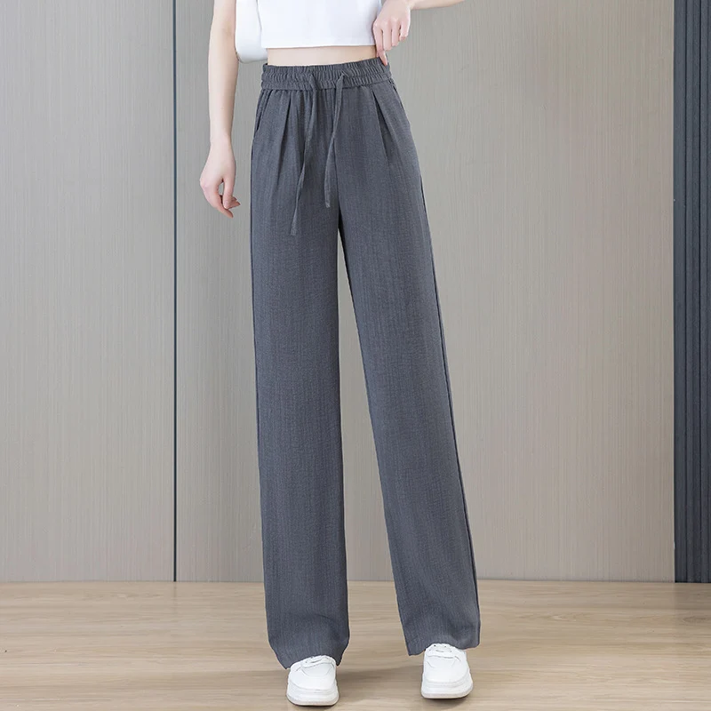 Ice Silk Thin Narrow Wide-Leg Pants for Women 2025 Summer New High-Waisted Loose Casual Slimming Drape Straight Pants