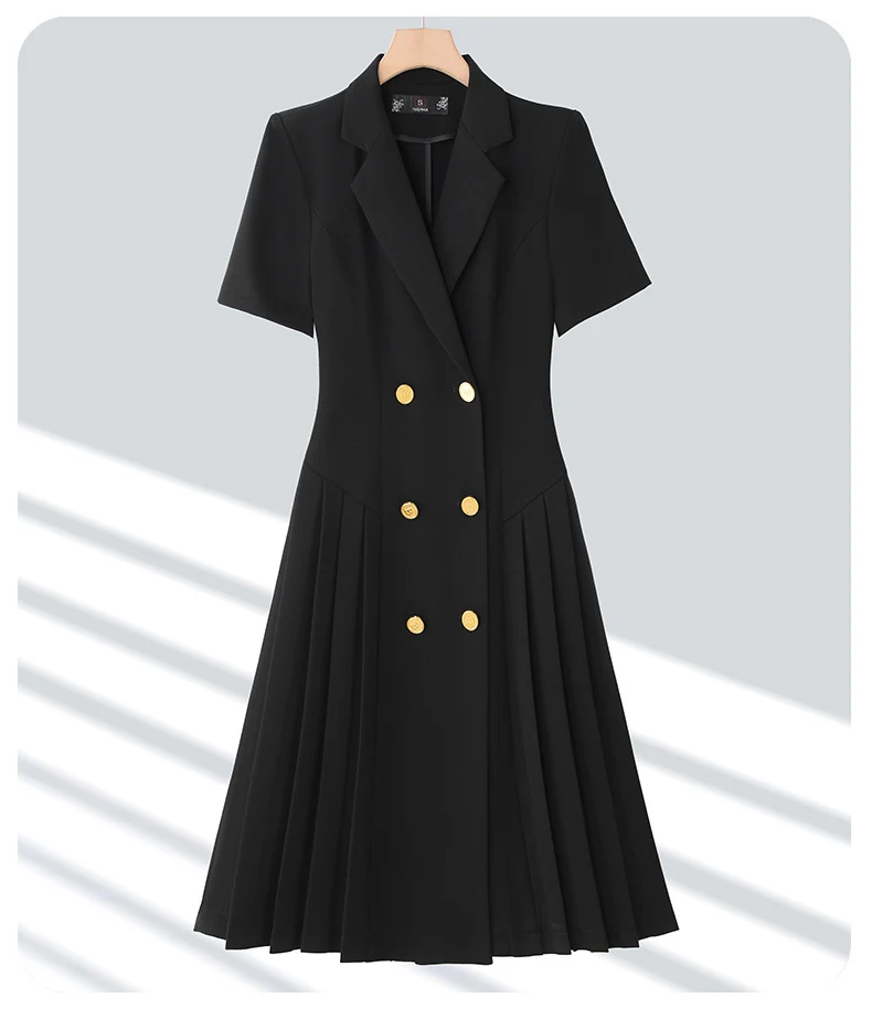 Spring and summer blue short-sleeved dress women's 2025 high-grade double-breasted professional suit collar mid-length skirt