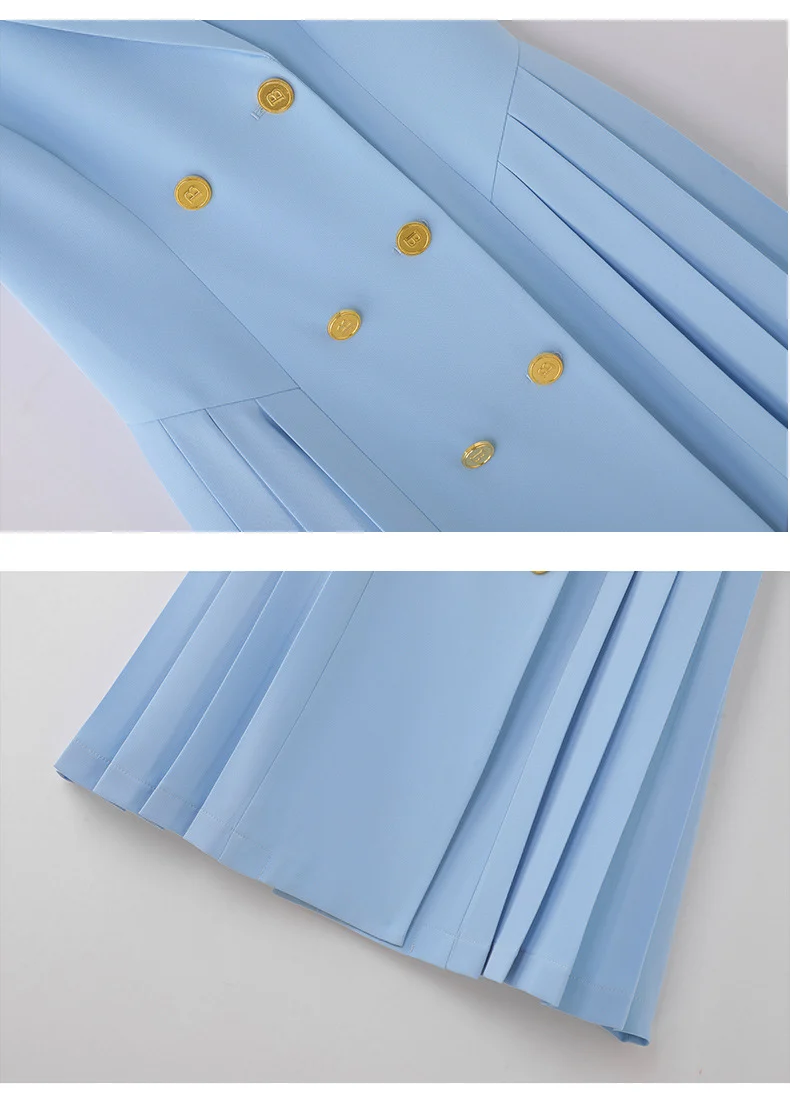 Spring and summer blue short-sleeved dress women's 2025 high-grade double-breasted professional suit collar mid-length skirt