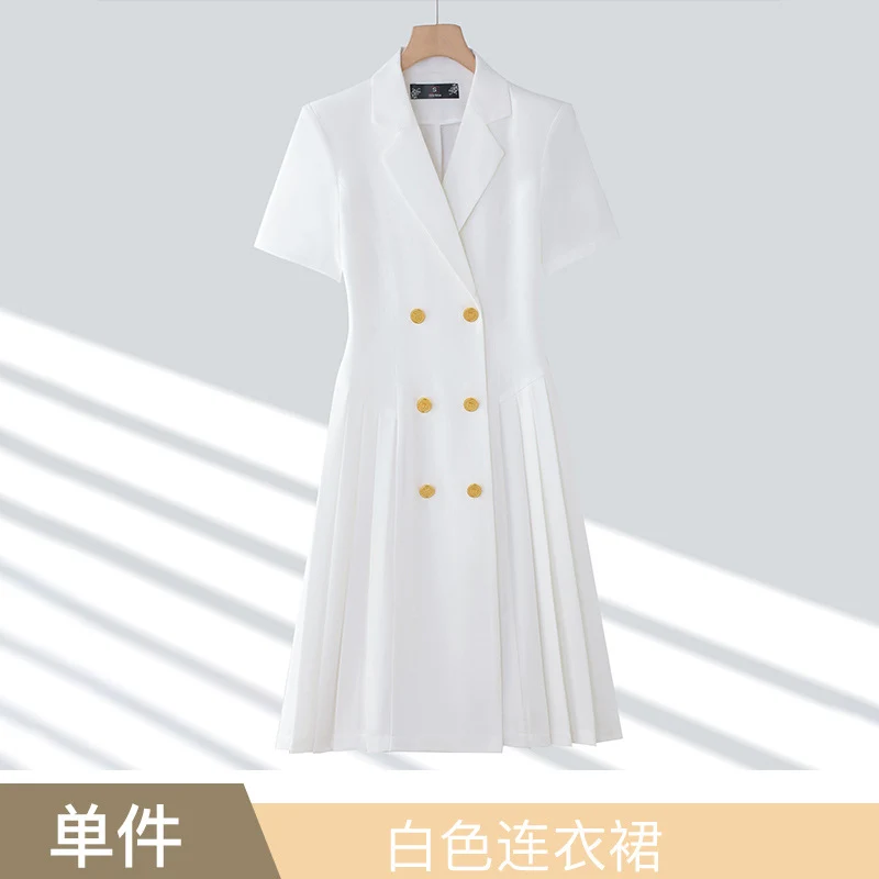 Spring and summer blue short-sleeved dress women's 2025 high-grade double-breasted professional suit collar mid-length skirt