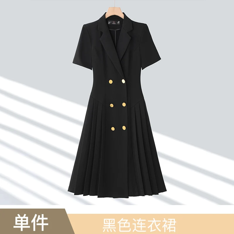 Spring and summer blue short-sleeved dress women's 2025 high-grade double-breasted professional suit collar mid-length skirt