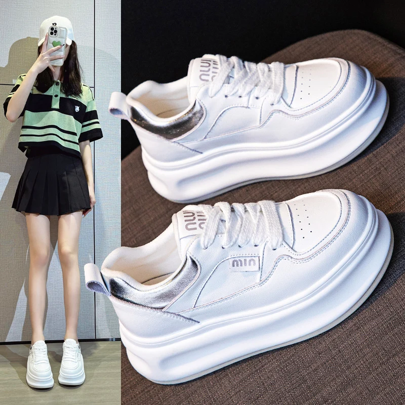 Thick-Soled White Sneakers for Women 2026 Spring and Autumn Hot-Selling Genuine Leather Breathable Sneakers for Women, Super Popular Versatile Casual Platform Shoes