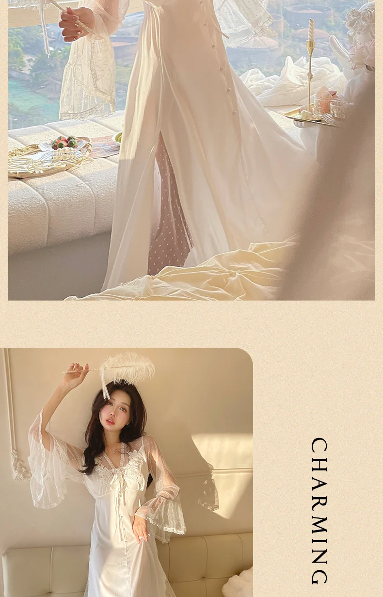 Sexy Pajamas Women's dress Ice Silk French Court with Chest Pad Pure Desire Fairy Nightdress 2025 New Summer
