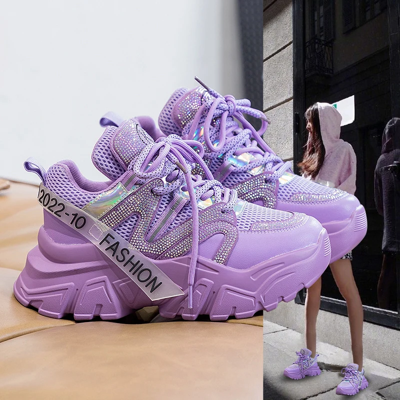 2026 Spring and Autumn Style Dad Shoes, Internet Celebrity Rhinestone Breathable Genuine Leather Shoes for Petite People, Popular Purple Thick-Soled Sports Shoes, Trendy on Instagram