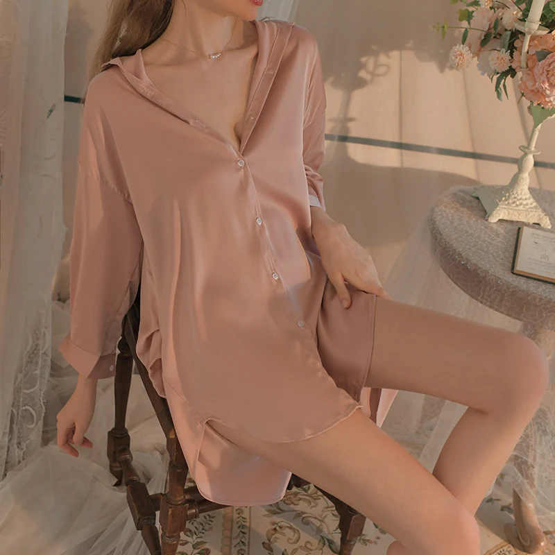 Sexy Pajamas Women 2024 Summer Shirt Dress Boyfriend Wind Long Charming Nightgown Lace Shorts suit Women