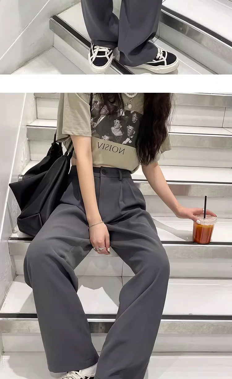 Gray Suit Pants for Women Spring and Summer New High-Waisted Double Pleated Slim Floor-Length Trousers Casual Straight Wide-Leg Pants