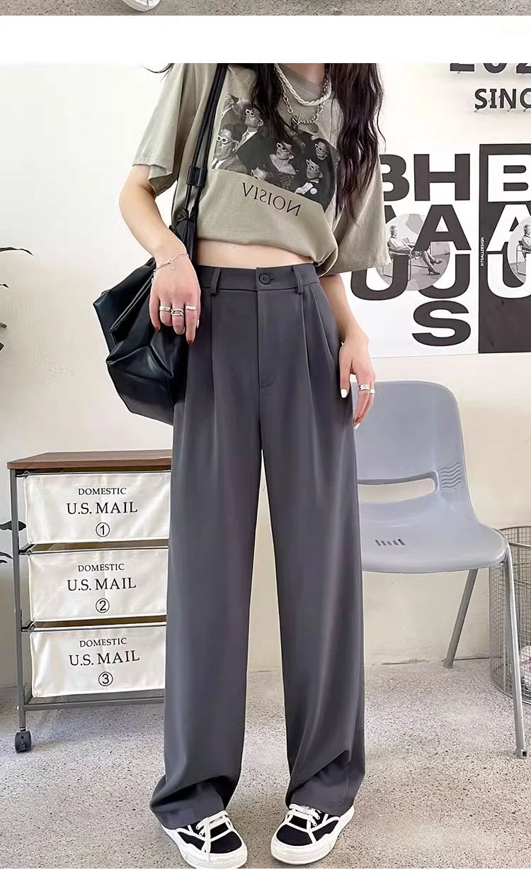 Gray Suit Pants for Women Spring and Summer New High-Waisted Double Pleated Slim Floor-Length Trousers Casual Straight Wide-Leg Pants