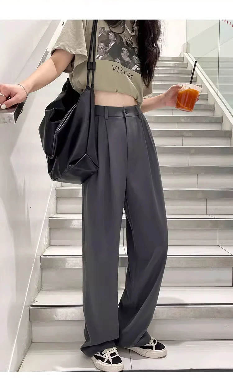 Gray Suit Pants for Women Spring and Summer New High-Waisted Double Pleated Slim Floor-Length Trousers Casual Straight Wide-Leg Pants