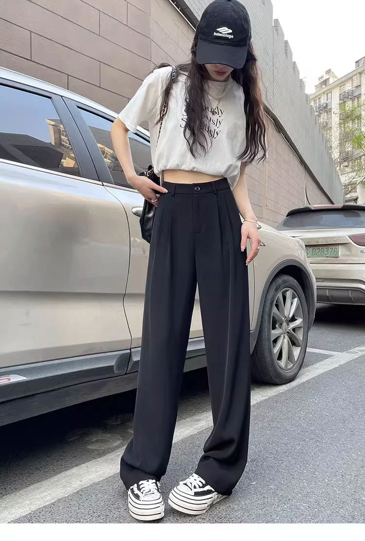 Gray Suit Pants for Women Spring and Summer New High-Waisted Double Pleated Slim Floor-Length Trousers Casual Straight Wide-Leg Pants