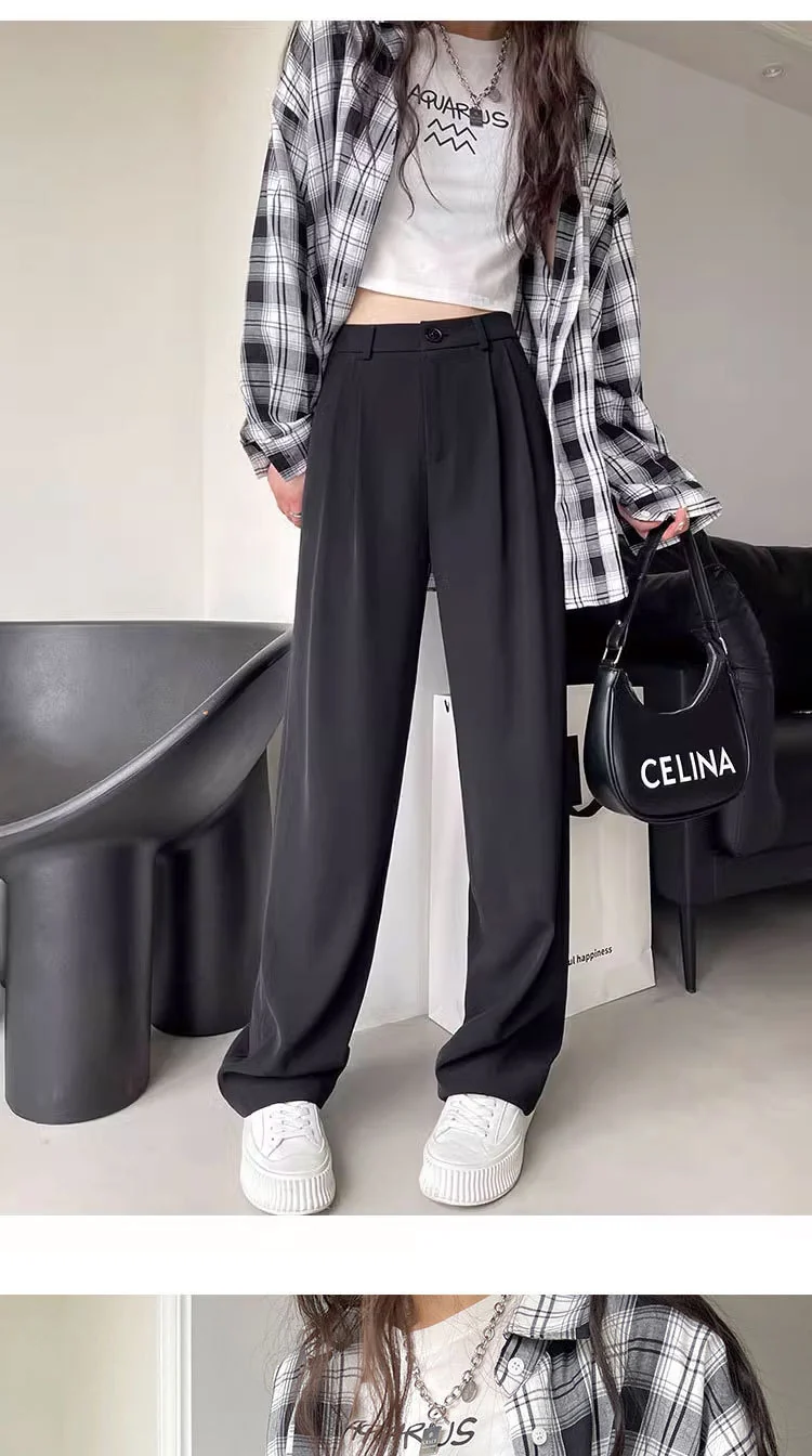 Gray Suit Pants for Women Spring and Summer New High-Waisted Double Pleated Slim Floor-Length Trousers Casual Straight Wide-Leg Pants