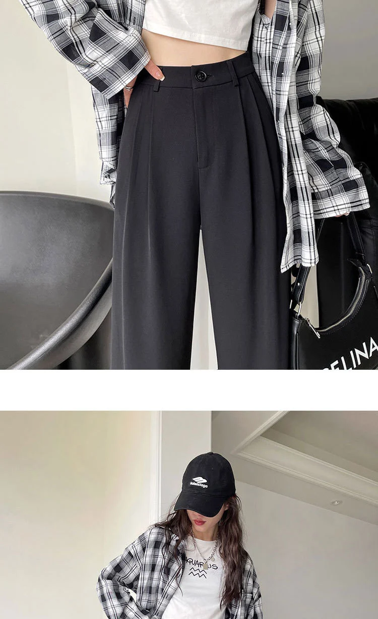 Gray Suit Pants for Women Spring and Summer New High-Waisted Double Pleated Slim Floor-Length Trousers Casual Straight Wide-Leg Pants