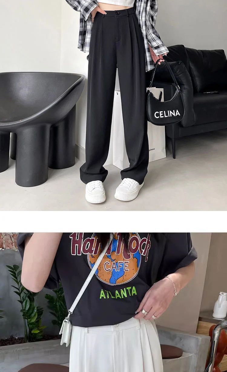 Gray Suit Pants for Women Spring and Summer New High-Waisted Double Pleated Slim Floor-Length Trousers Casual Straight Wide-Leg Pants