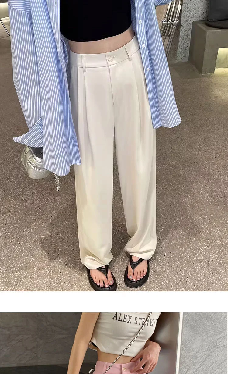 Gray Suit Pants for Women Spring and Summer New High-Waisted Double Pleated Slim Floor-Length Trousers Casual Straight Wide-Leg Pants