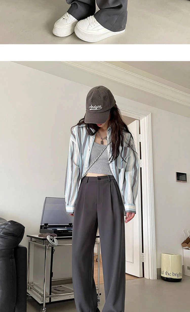 Gray Suit Pants for Women Spring and Summer New High-Waisted Double Pleated Slim Floor-Length Trousers Casual Straight Wide-Leg Pants