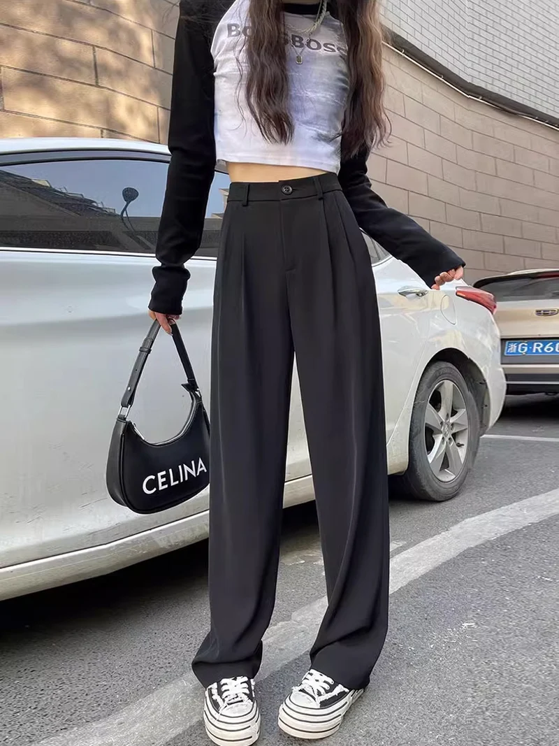 Gray Suit Pants for Women Spring and Summer New High-Waisted Double Pleated Slim Floor-Length Trousers Casual Straight Wide-Leg Pants