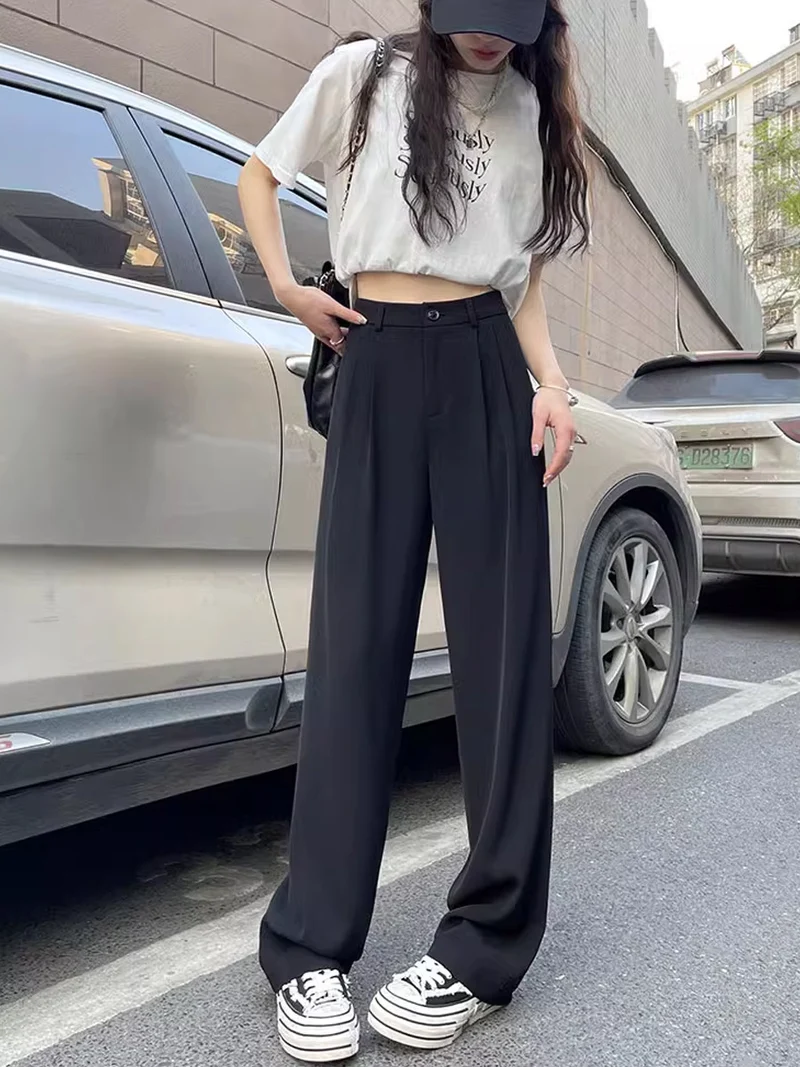 Gray Suit Pants for Women Spring and Summer New High-Waisted Double Pleated Slim Floor-Length Trousers Casual Straight Wide-Leg Pants
