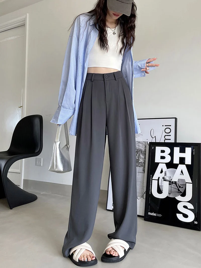 Gray Suit Pants for Women Spring and Summer New High-Waisted Double Pleated Slim Floor-Length Trousers Casual Straight Wide-Leg Pants