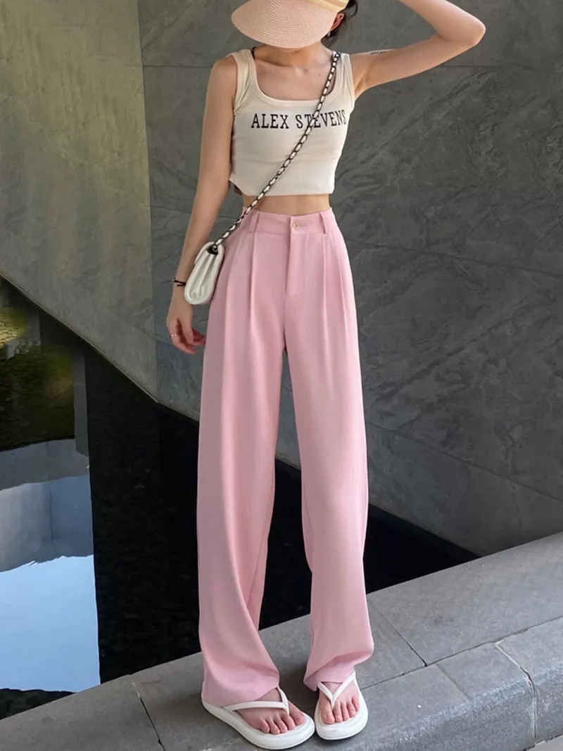 Gray Suit Pants for Women Spring and Summer New High-Waisted Double Pleated Slim Floor-Length Trousers Casual Straight Wide-Leg Pants