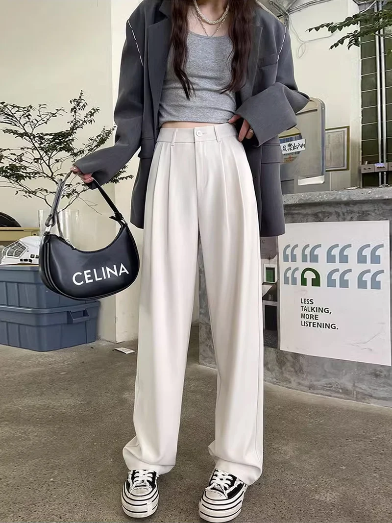 Gray Suit Pants for Women Spring and Summer New High-Waisted Double Pleated Slim Floor-Length Trousers Casual Straight Wide-Leg Pants