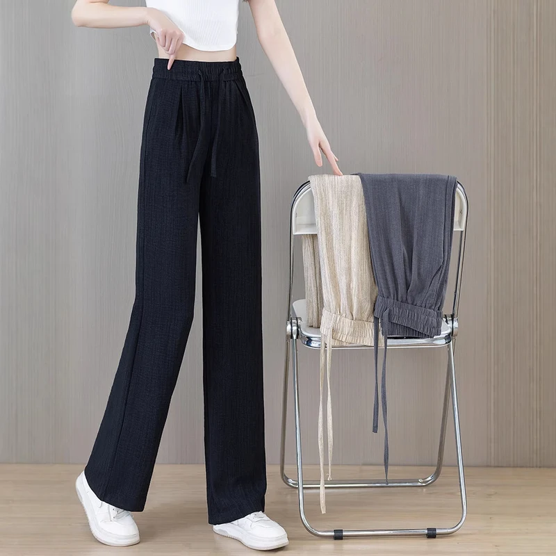 Ice Silk Wide Pants for Women Summer 2025 New High-Waisted Lazy Casual Thin Straight Floor-Length Pants