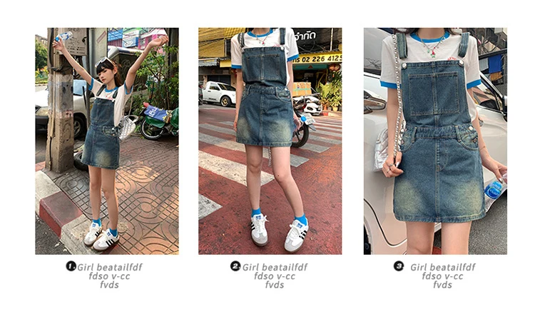 YC & American Retro Sweet Girl Strap Skirt A- line Skirt Slimming Joker dress Denim Skirt Spring and Summer