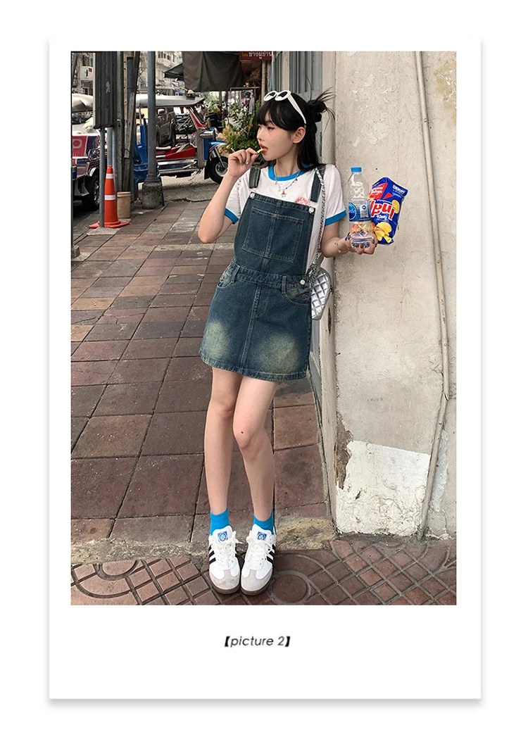 YC & American Retro Sweet Girl Strap Skirt A- line Skirt Slimming Joker dress Denim Skirt Spring and Summer