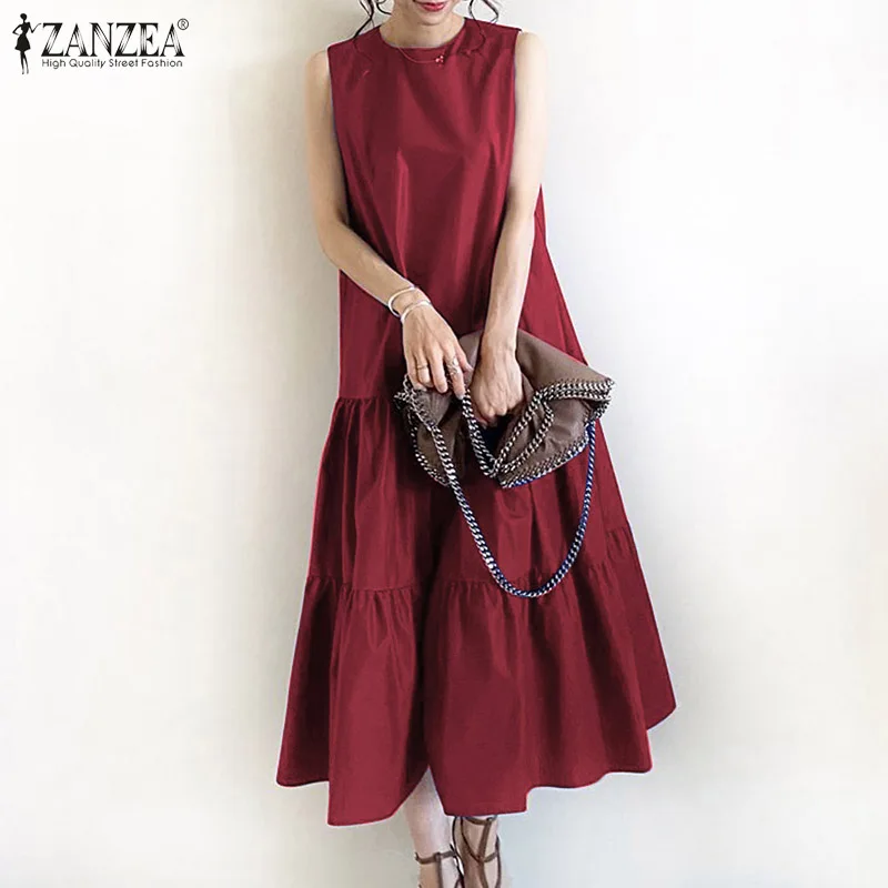 2025 ZANZEA Women Summer Dresses Stylish Sleeveless Ruffles Hem Sundress Casual A-line Holiday Beach Vestido Elegant Party Dress