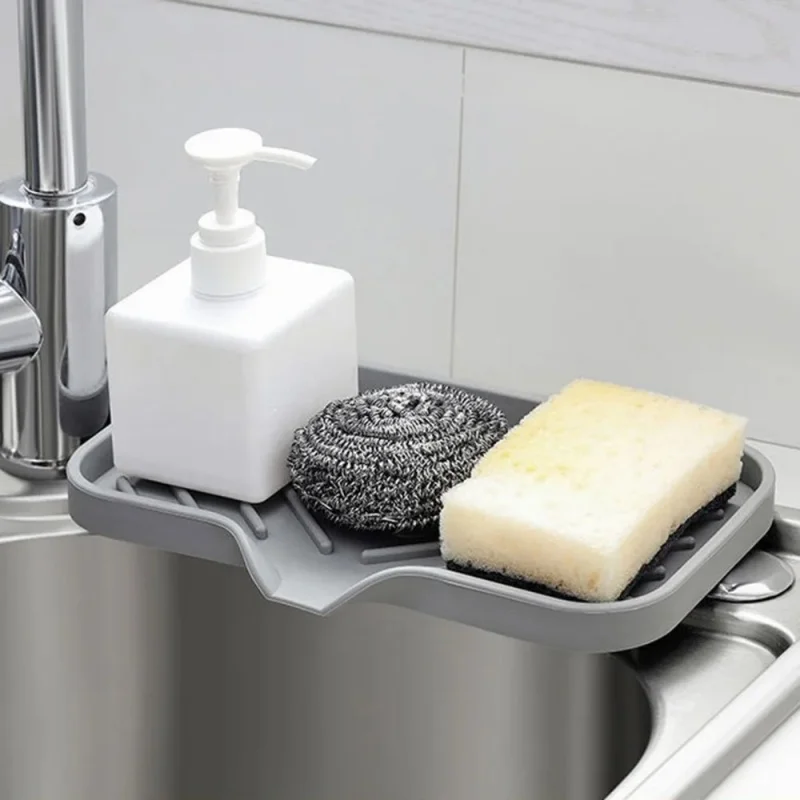1pcs Sink Silicone Tray With Drain Soap Sponge Storage Holder Countertop Sink Scrubber Brush Soap Storage Rack Kitchen Organizer