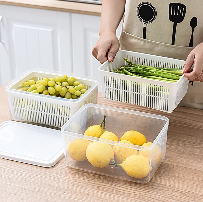 Refrigerator Storage Box Fridge Organizer Fresh Vegetable Fruit Boxes Drain Basket Storage Containers Pantry Kitchen Organizer