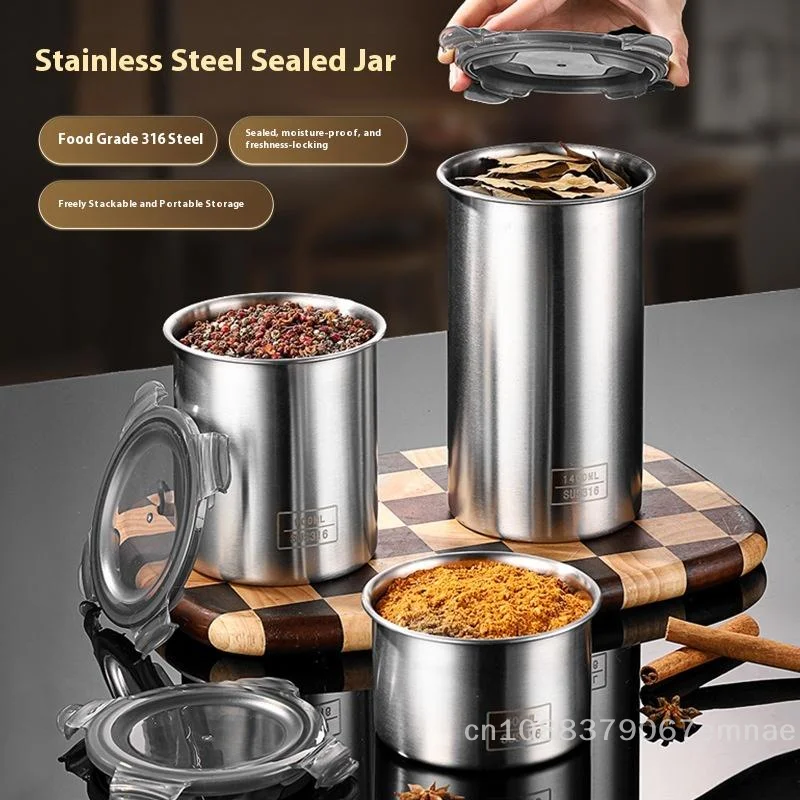 Stainless Steel Storage Jars Set 500/900/1400ml Sealed Containers Kitchen Organizer for Fresh Grain Vegetable Coffee