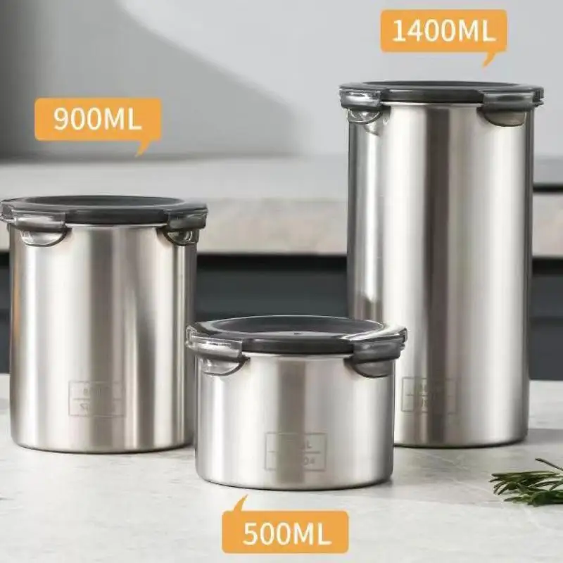 Stainless Steel Storage Jars Set 500/900/1400ml Sealed Containers Kitchen Organizer for Fresh Grain Vegetable Coffee