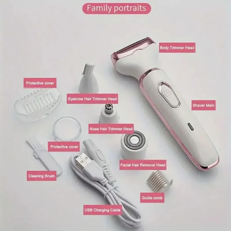 Ladies' electric shaver, 4-in-1 rechargeable beauty set, ladies' facial, nose, leg and underarm shavers, painless dry and wet sh