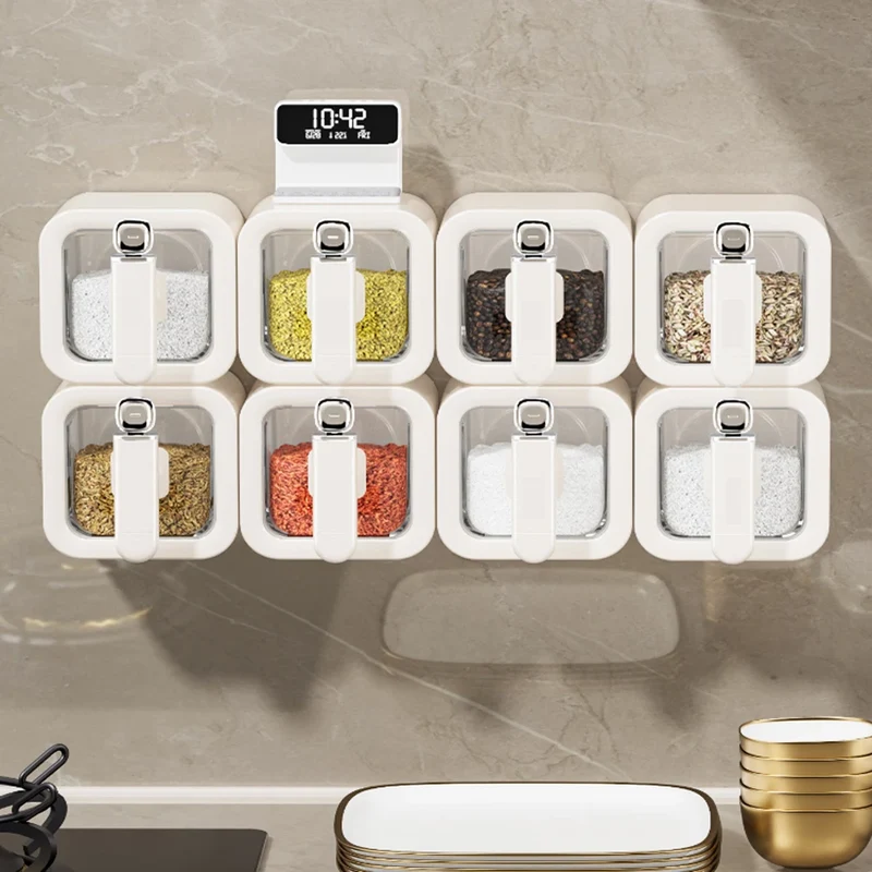 Non perforated seasoning box, seasoning storage container with spoon, spice jar, chili spice, kitchen organizer