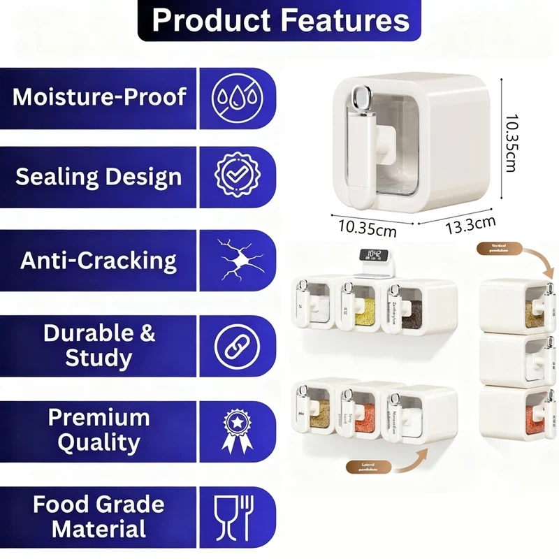 Non perforated seasoning box, seasoning storage container with spoon, spice jar, chili spice, kitchen organizer