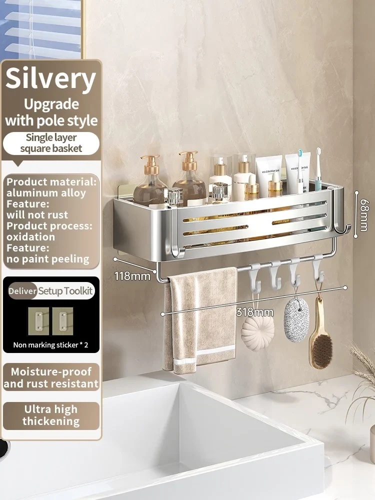 No Need To Drill Walls for Installation Aluminum Bathroom Shelf Shelves Shampoo Rack Storage Holder Kitchen Organizer Wall Rack
