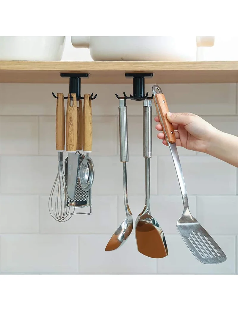 6 Hooks Kitchen Rack Kitchen Organizer Home Accessories 360 Degrees Rotating Cabinet Hanger Utensils For Kitchen Convenience