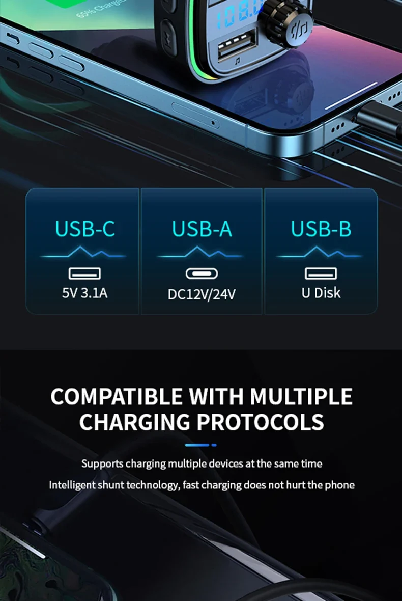 Newest C26 Bluetooth 5.0 FM Transmitter Handsfree Car Radio Modulator MP3 Player USB Super Quick Charge Adapter Car Accessories