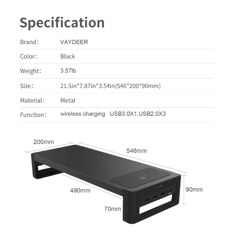VAYDEER Monitor Stand Riser with USB3.0 Hub Support Data Transfer and Charging Steel Desk Organizer for Laptop Computer
