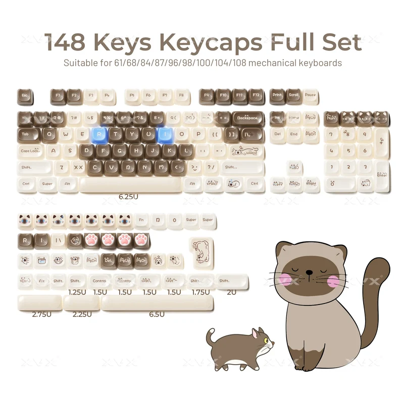 XVX 148 Keys Cat Theme Keycaps MAO Profile Key Cap Korean Glossy Cute Keycap for Keyboard 61 64 68 78 87 96 98 104 108