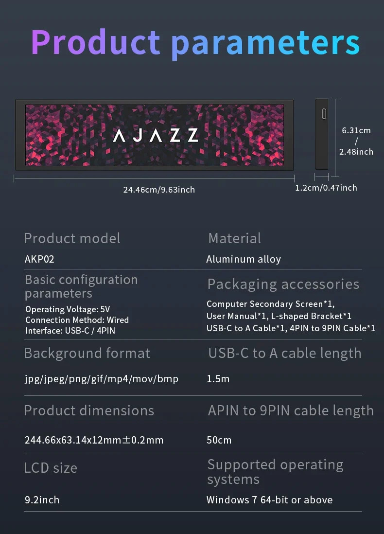AJAZZ AKP02 9.2inch DIY IPS Secondary Screen 1920*464HD Wired USB Comprehensive Monitoring Multiple Custom Designs for Laptop PC