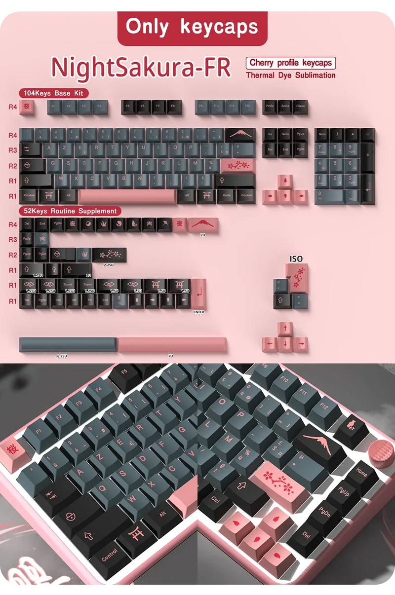 GMK Night Sakura Keycap 139/156 Keys DYE SUB Cherry Profile PBT Japanese/Korean/Russian/Abnt2/DE/ES/FR For Mechanical Keyboard