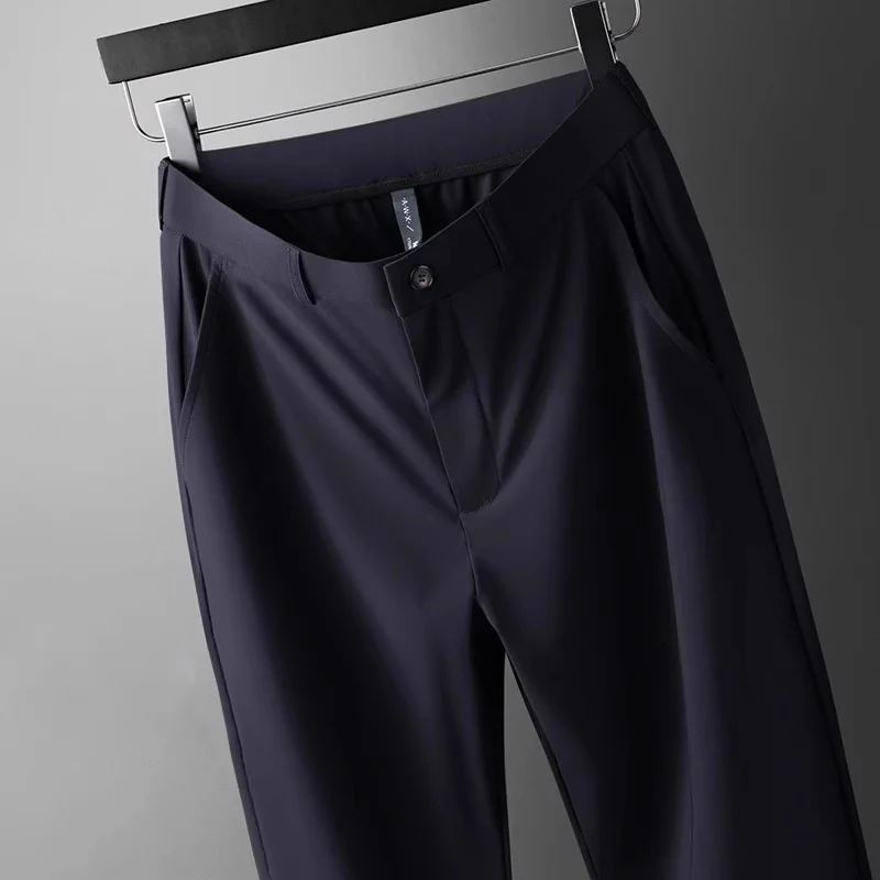 Wholesale men's ice silk trousers new casual pants men's slim-fit high stretch pants men's non-ironing black business men