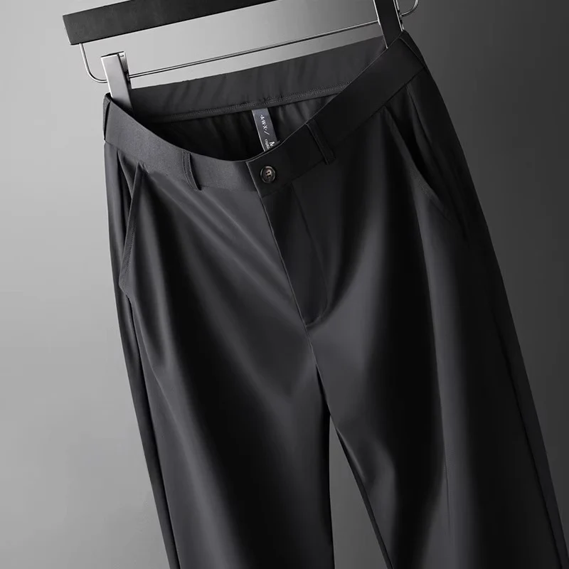 Wholesale men's ice silk trousers new casual pants men's slim-fit high stretch pants men's non-ironing black business men