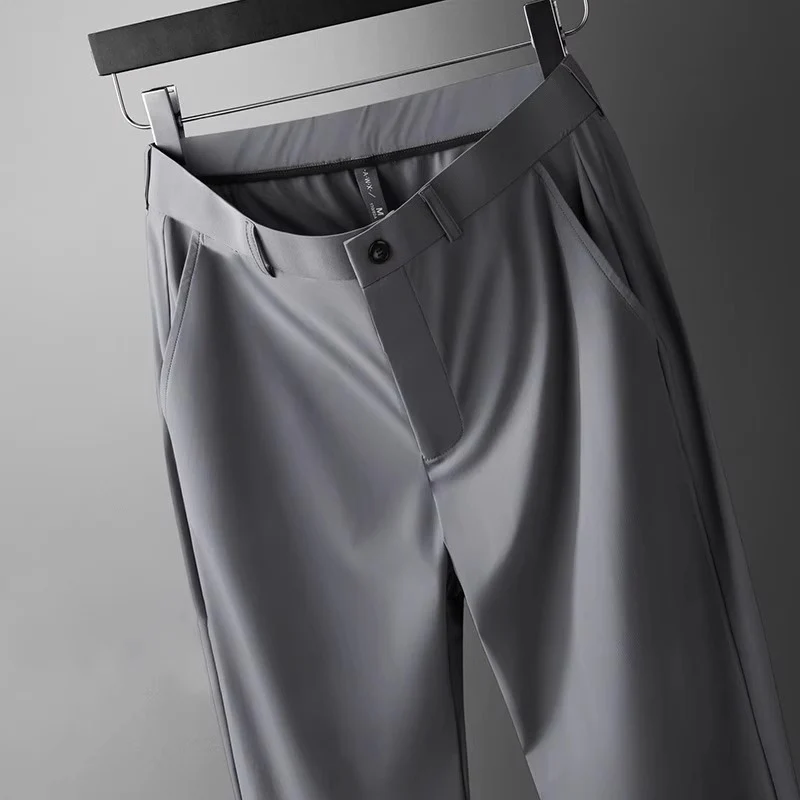 Wholesale men's ice silk trousers new casual pants men's slim-fit high stretch pants men's non-ironing black business men