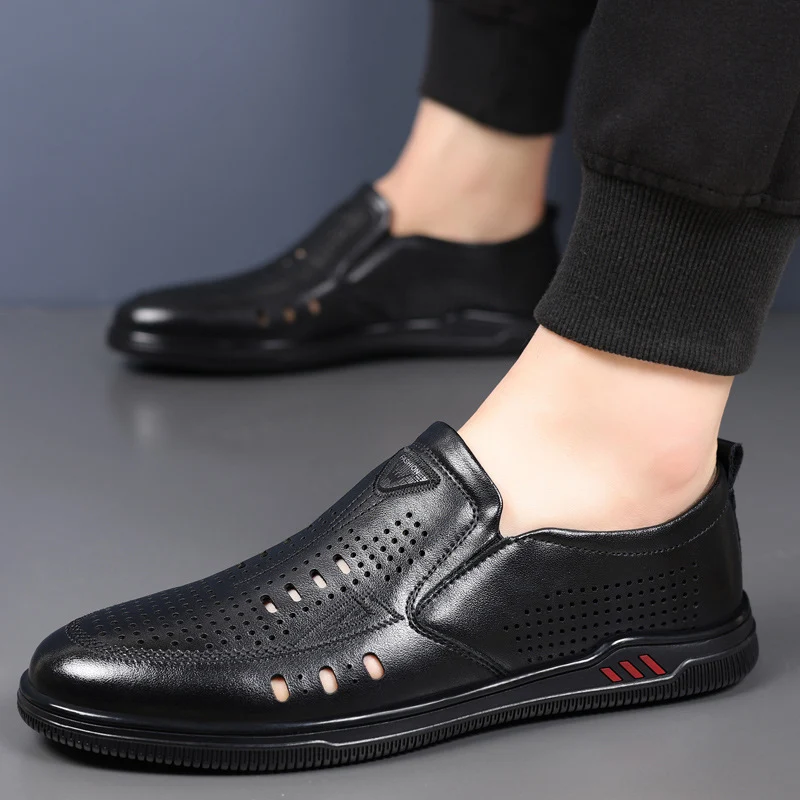 Summer Leather Shoes for Men, Casual Hollow Breathable Clogs, Soft Sole, Soft Mesh Shoes, Foreign Style Men's Shoes, Drop Shipping