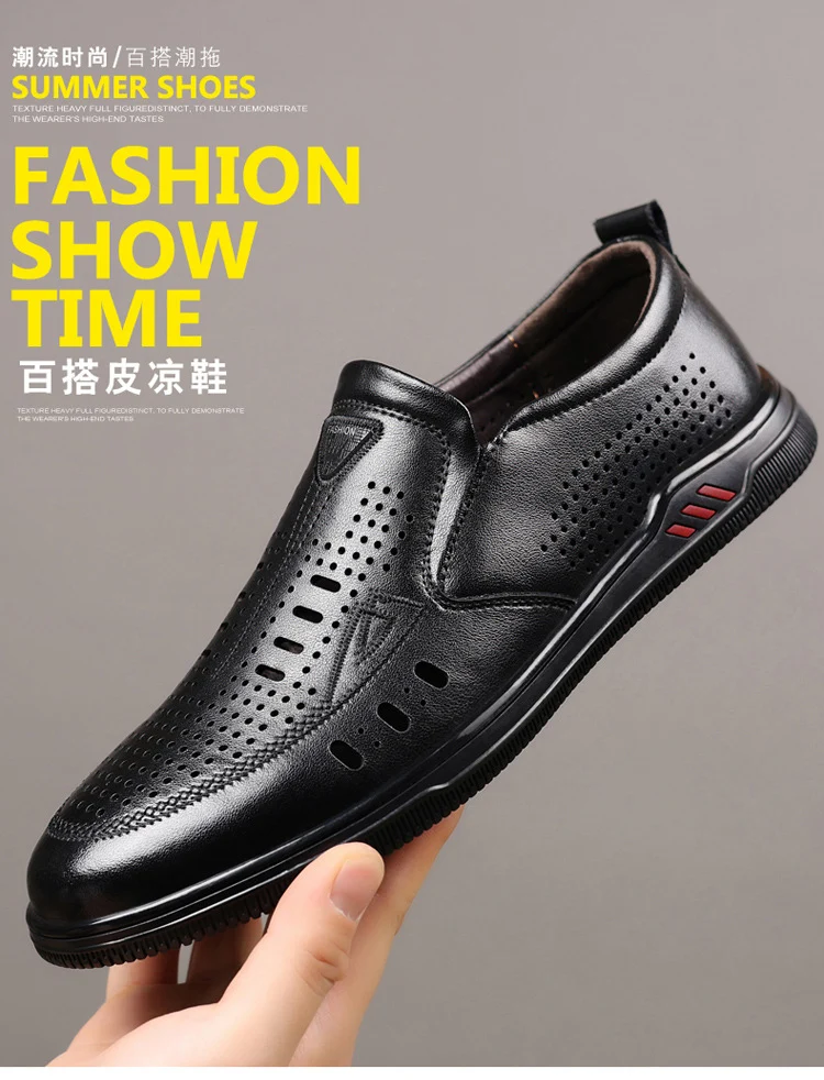 Summer Leather Shoes for Men, Casual Hollow Breathable Clogs, Soft Sole, Soft Mesh Shoes, Foreign Style Men's Shoes, Drop Shipping
