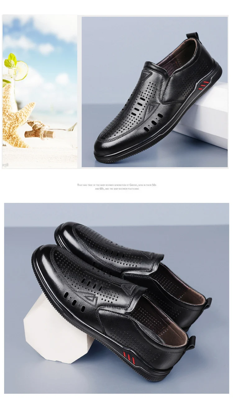 Summer Leather Shoes for Men, Casual Hollow Breathable Clogs, Soft Sole, Soft Mesh Shoes, Foreign Style Men's Shoes, Drop Shipping