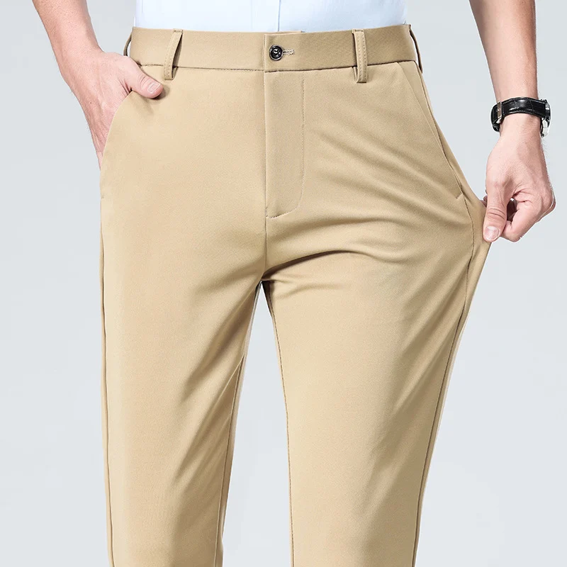Wholesale casual pants men's four-sided elastic fabric summer ice silk pants trousers trousers high waist breathable iron-free formal trousers