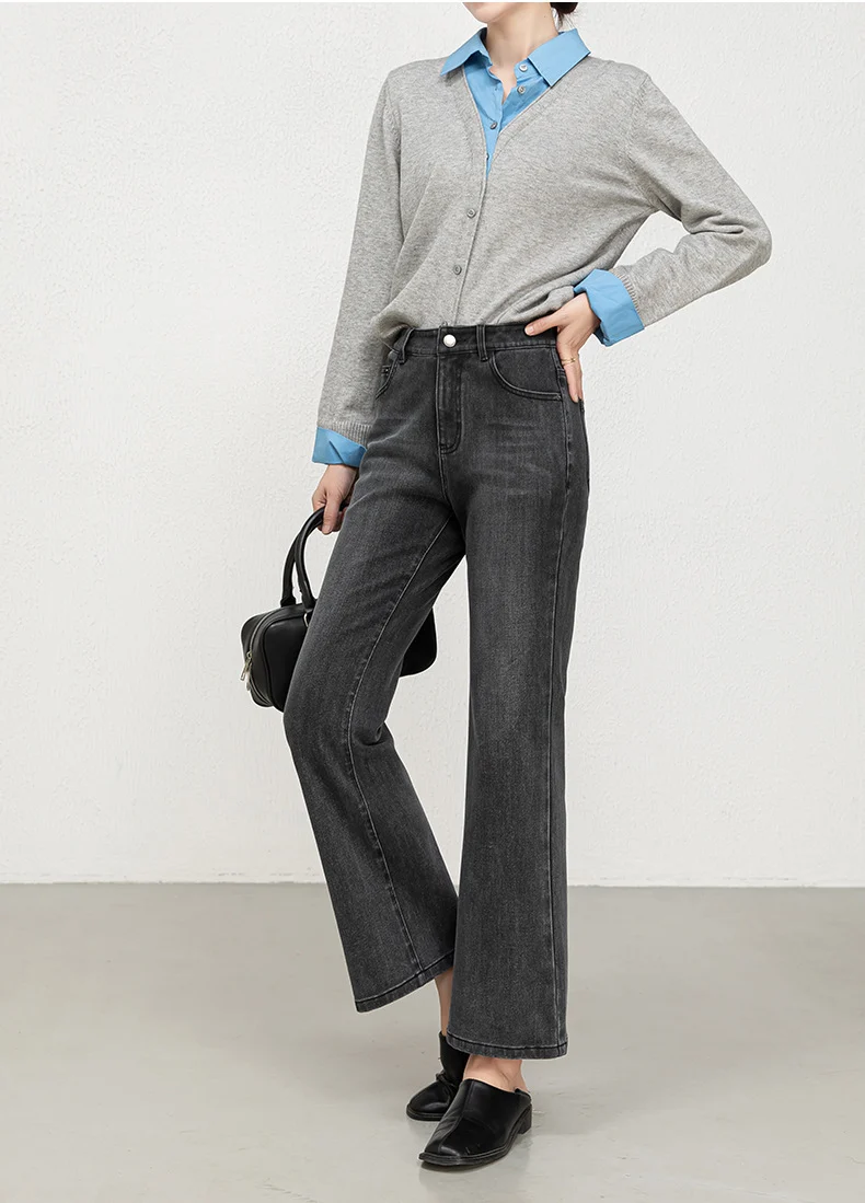 Miaoyu Nine-Point Flared Pants for Women, High-Waisted, Slimming, Nine-Point Jeans, Spring 2026, Four-Way Stretch Bell-Bottom Pants