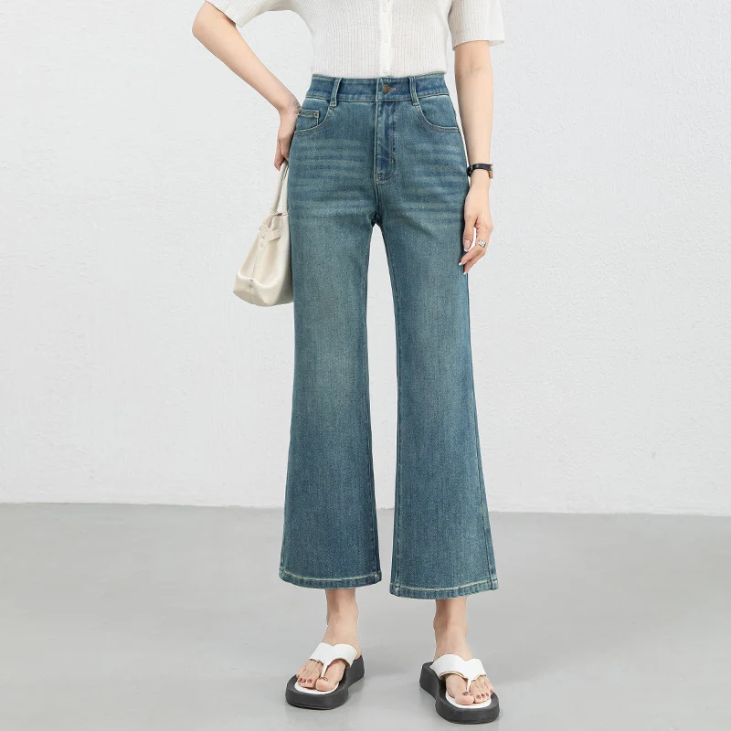 Miaoyu Nine-Point Flared Pants for Women, High-Waisted, Slimming, Nine-Point Jeans, Spring 2026, Four-Way Stretch Bell-Bottom Pants
